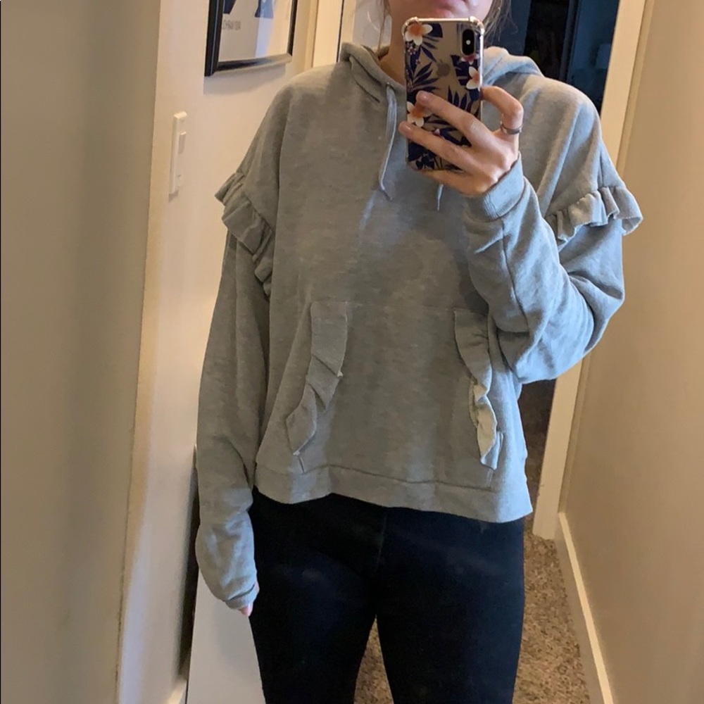 Topshop Grey Cropped Ruffle Sweatshirt